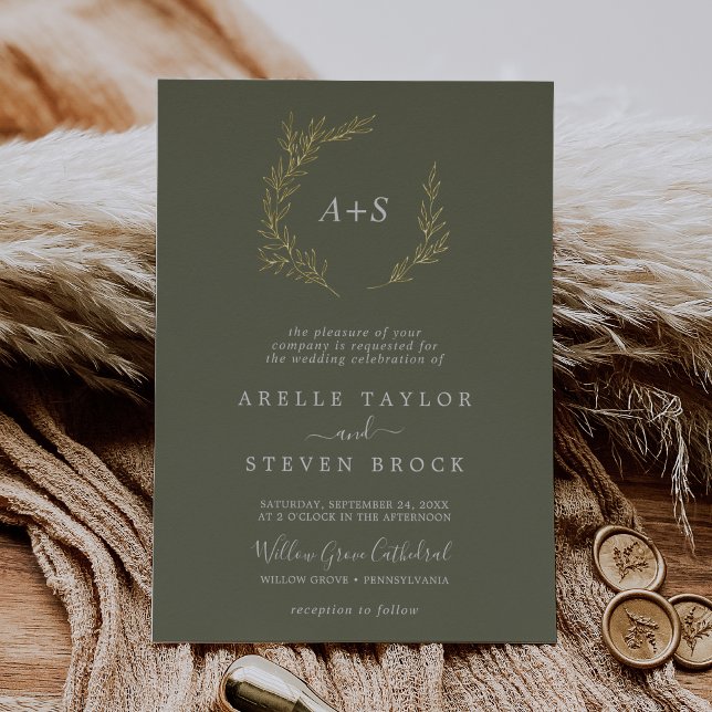Minimal Leaf Gold Foil Dark Green Monogram Wedding (Creator Uploaded)