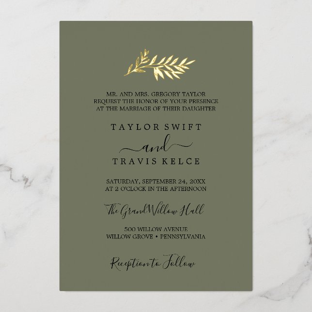 Minimal Leaf Gold Foil Dark Green Wedding (Front)