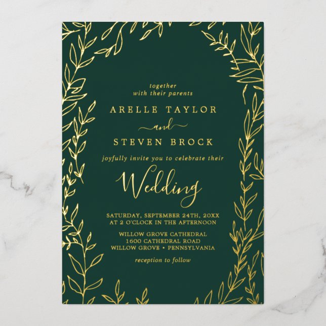 Minimal Leaf | Gold Foil Emerald Frame Wedding (Front)