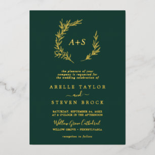 Minimal Leaf Gold Foil Emerald Monogram Wedding