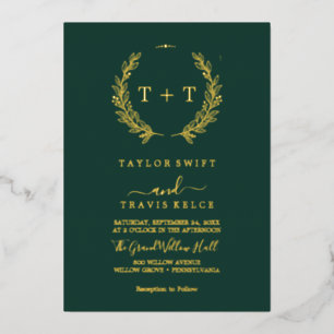 Minimal Leaf Gold Foil Emerald Monogram Wedding