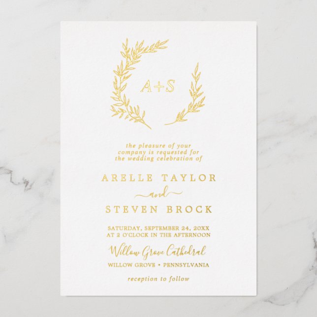Minimal Leaf | Gold Foil Formal Monogram Wedding (Front)