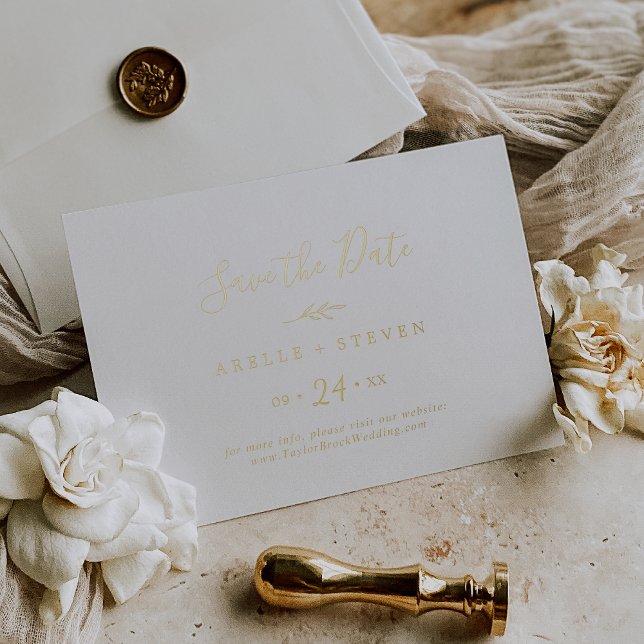 Minimal Leaf | Gold Foil Horizontal Save the Date (Creator Uploaded)