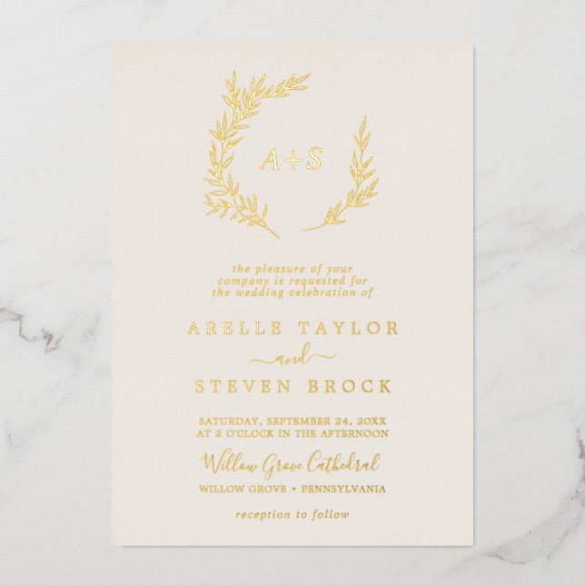 Minimal Leaf | Gold Foil Ivory Monogram Wedding Fo (Front)