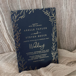 Minimal Leaf   Gold Foil Navy Blue Frame Wedding