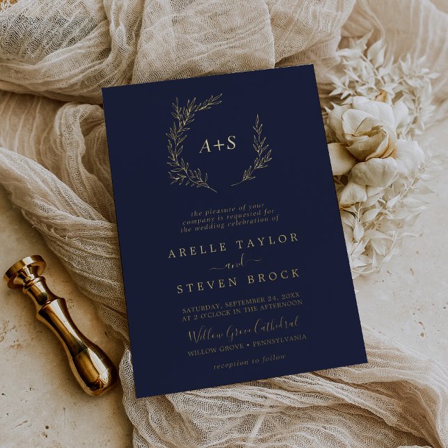 Minimal Leaf | Gold Foil Navy Monogram Wedding (Creator Uploaded)
