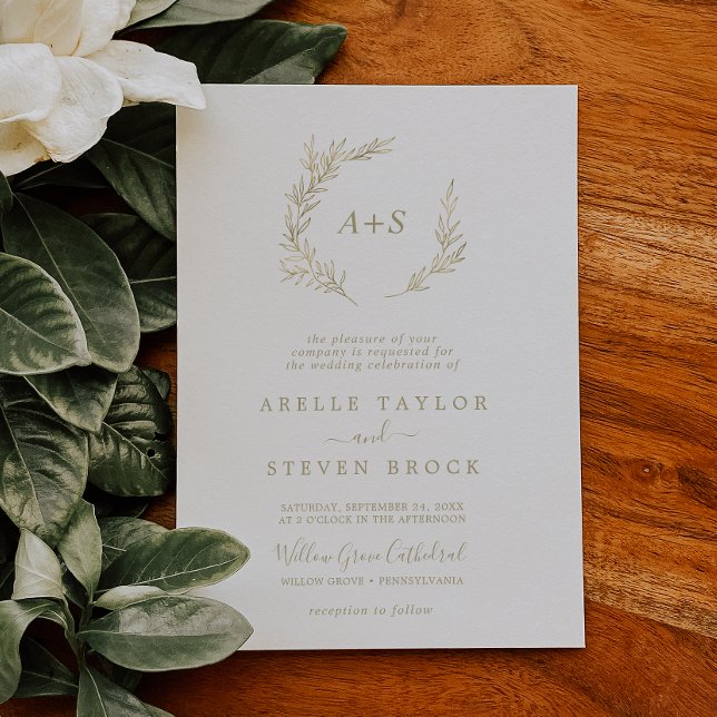Minimal Leaf | Gold Formal Monogram Wedding Invitation (Creator Uploaded)