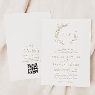 Minimal Leaf   Gold Monogram QR Code Wedding Invitation