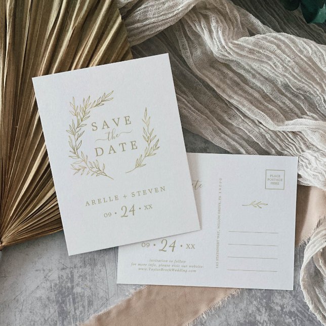 Minimal Leaf | Gold Save the Date Invitation Postcard (Creator Uploaded)