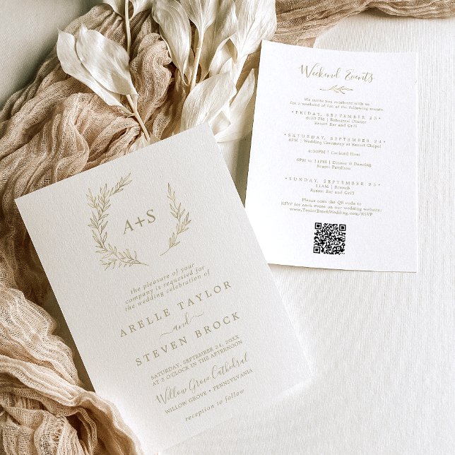Minimal Leaf | Gold Weekend Events Wedding Invitation (Creator Uploaded)