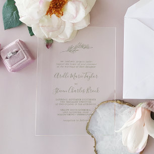 Minimal Leaf Green Formal Simple Greenery Wedding Acrylic Invitations