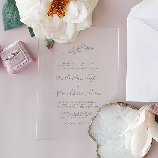 Minimal Leaf Green Formal Simple Greenery Wedding Acrylic Invitations (Minimal Leaf Green Formal Simple Greenery Wedding Acrylic Invitations)