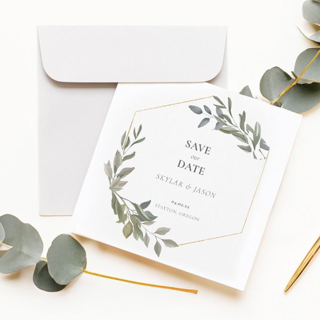 Minimal Leaf Greenery & Gold Geometric Terrarium Save The Date (Minimal Leaf Greenery & Gold Geometric Terrarium Save The Date)
