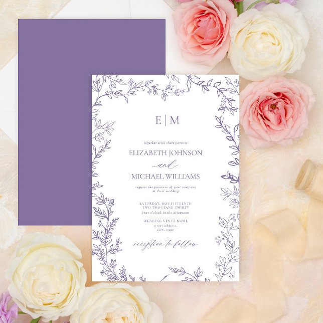 Minimal Leaf Lavender Elegant Monogram Wedding Invitation (Creator Uploaded)