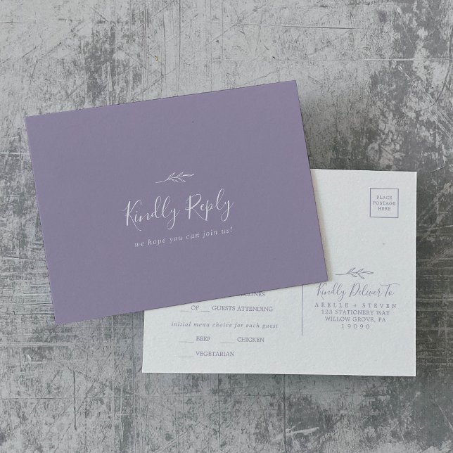 Minimal Leaf | Lavender Menu Choice RSVP Postcard (Creator Uploaded)