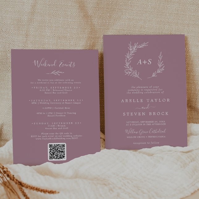 Minimal Leaf | Mauve Weekend Events Wedding Invitation (Creator Uploaded)