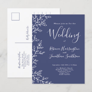 Minimal Leaf Navy Blue Wedding Invitation Postcard