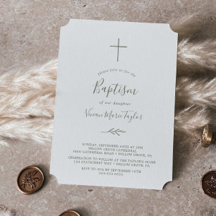 Minimal Leaf   Olive Green Baptism Invitation