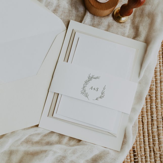 Minimal Leaf | Olive Green Monogram Wedding Invitation Belly Band (Creator Uploaded)