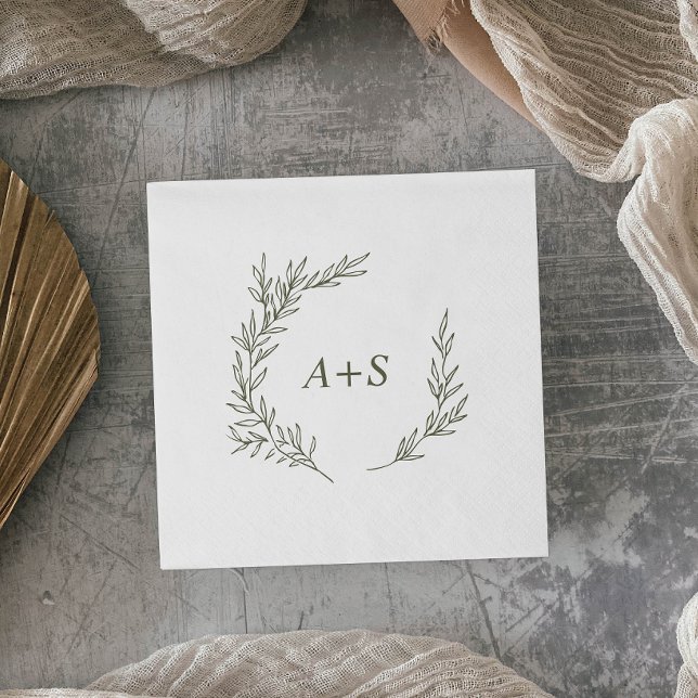 Minimal Leaf | Olive Green Monogram Wedding Napkin (Creator Uploaded)