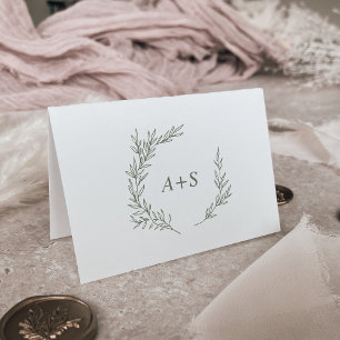 Minimal Leaf Olive Green Monogram Wedding Thank You Card