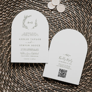 Minimal Leaf Olive Green QR Code Boho Arch Wedding Invitation
