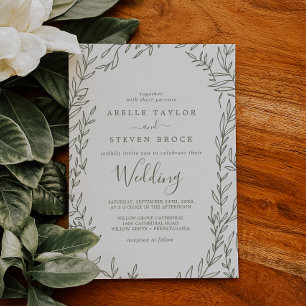Minimal Leaf   Olive Green Wedding Invitation