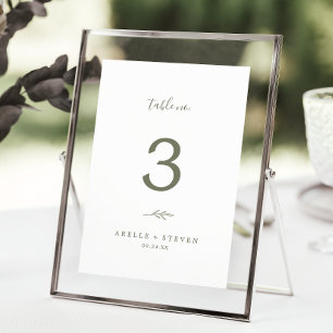 Minimal Leaf   Olive Green Wedding Table Number