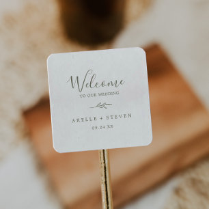 Minimal Leaf   Olive Green Wedding Welcome Square Sticker