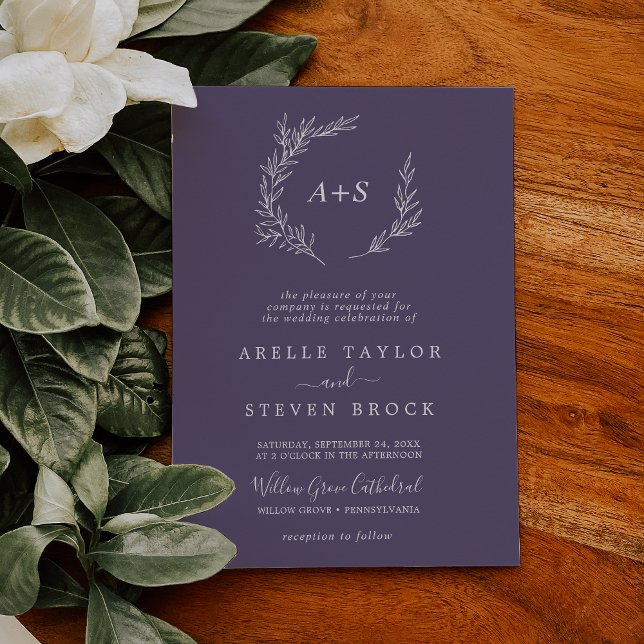 Minimal Leaf | Plum Purple Formal Monogram Wedding Invitation (Creator Uploaded)