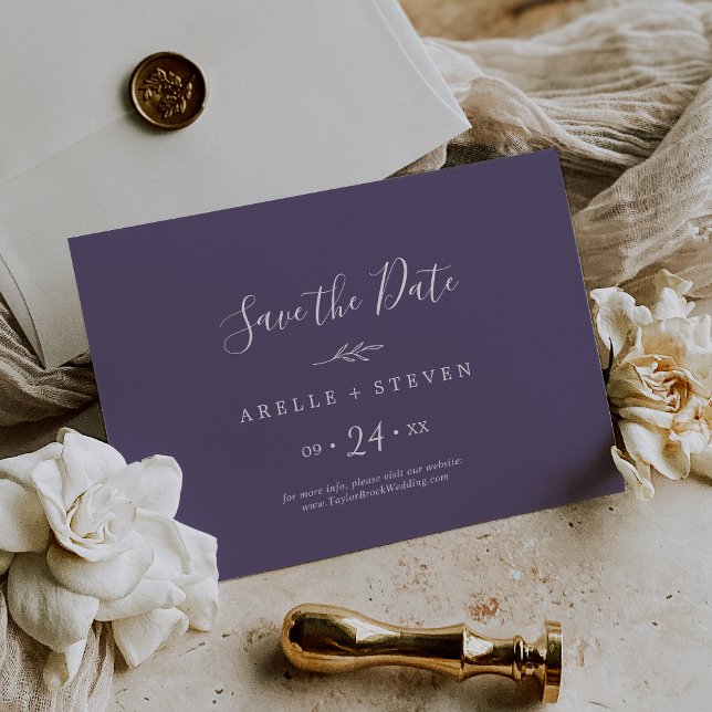 Minimal Leaf Plum Purple Horizontal Save The Date (Creator Uploaded)