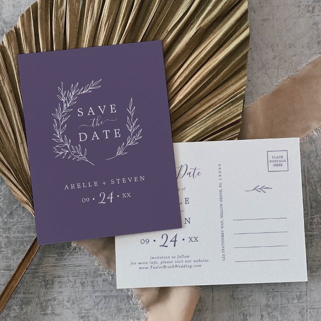 Minimal Leaf | Plum Purple Save the Date Invitation Postcard (Creator Uploaded)