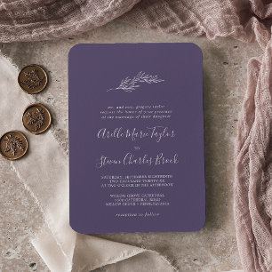 Minimal Leaf Plum Purple Traditional Wedding Invitation