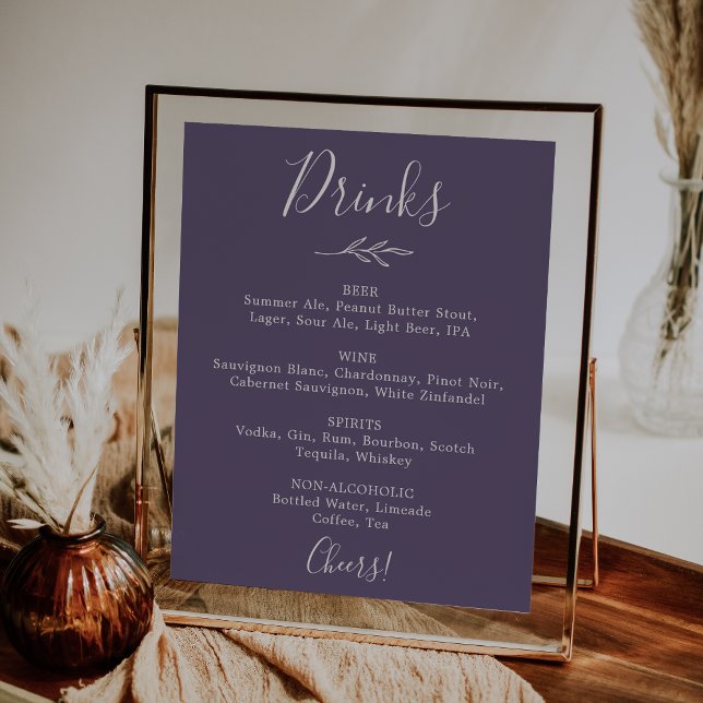 Minimal Leaf | Plum Purple Wedding Drinks Menu Poster (Creator Uploaded)
