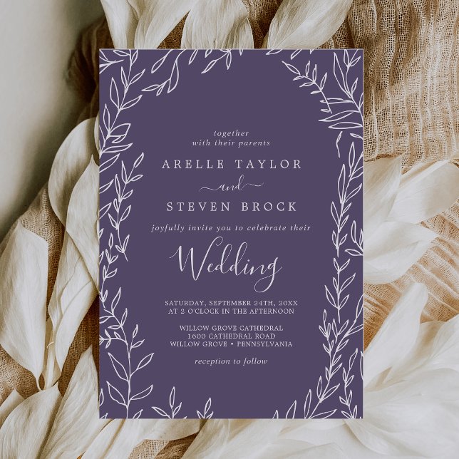 Minimal Leaf | Plum Purple Wedding Invitation (Creator Uploaded)