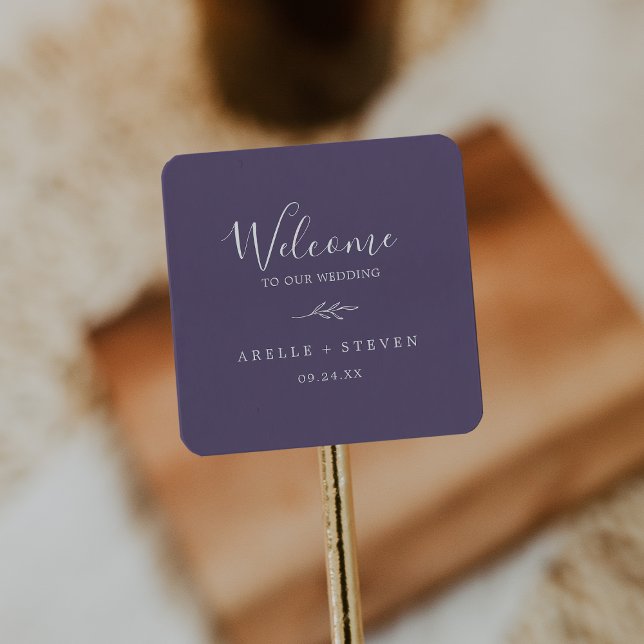 Minimal Leaf | Plum Purple Wedding Welcome Square Sticker (Creator Uploaded)