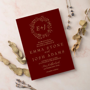 Minimal Leaf   Red Formal Monogram Wedding Invitation