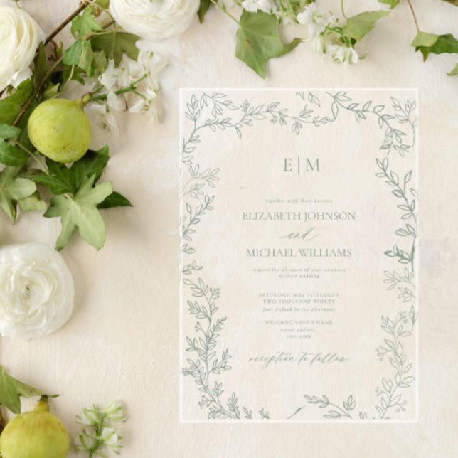 Minimal Leaf Sage Green Elegant Monogram Wedding Acrylic Invitations (Creator Uploaded)