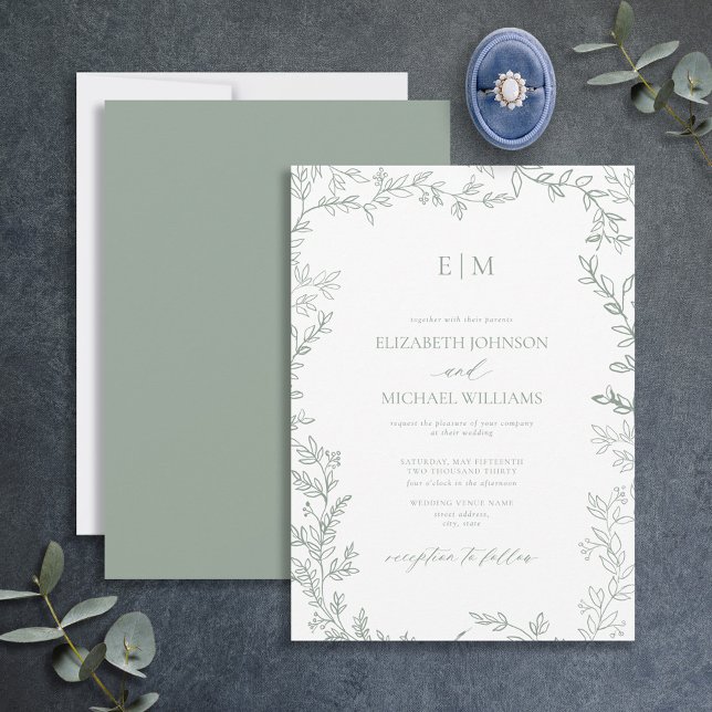 Minimal Leaf Sage Green Elegant Monogram Wedding Invitation (Creator Uploaded)