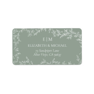 Minimal Leaf Sage Green Monogram Wedding Address Label