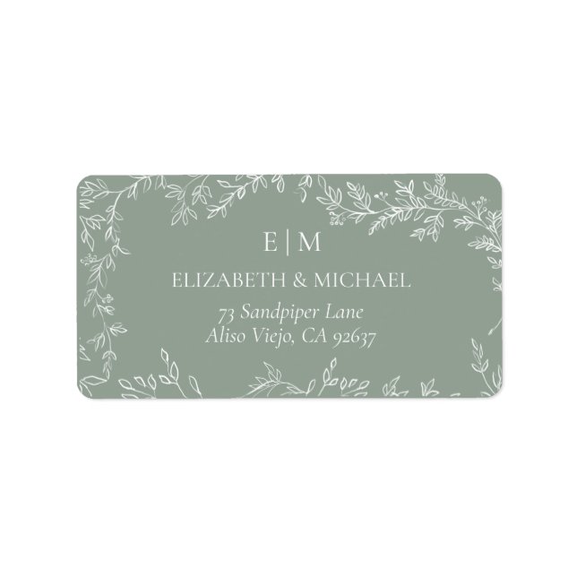 Minimal Leaf Sage Green Monogram Wedding Address Label (Front)