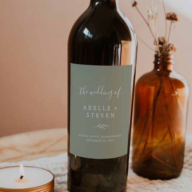 Minimal Leaf | Sage Green Wedding Wine Label (Creator Uploaded)