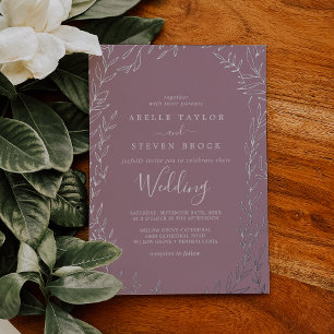 Minimal Leaf Silver Foil Mauve Wedding Invitation