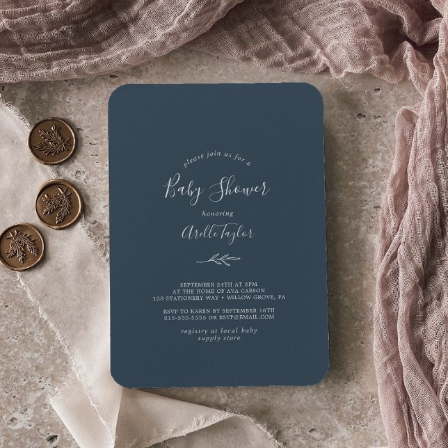 Minimal Leaf | Slate Blue Baby Shower Invitation (Creator Uploaded)