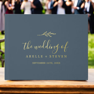 Minimal Leaf Slate Blue Gold Foil Monogram Wedding Guest Book