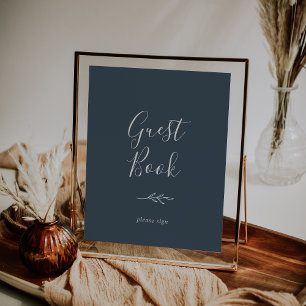 Minimal Leaf Slate Blue Guest Book Poster