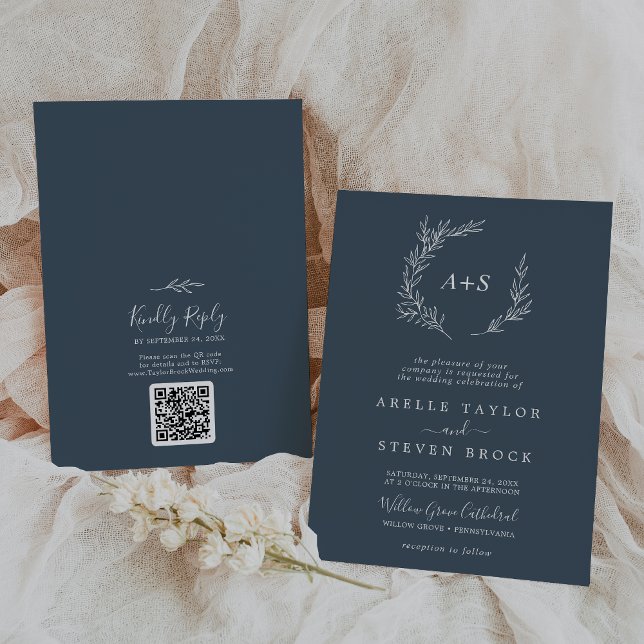 Minimal Leaf | Slate Blue Monogram QR Code Wedding Invitation (Creator Uploaded)