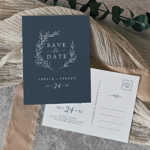 Minimal Leaf   Slate Blue Save the Date Invitation Postcard