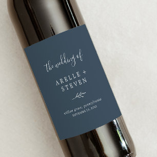 Minimal Leaf   Slate Blue Wedding Wine Label
