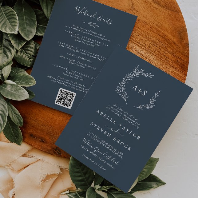 Minimal Leaf | Slate Blue Weekend Events Wedding Invitation (Creator Uploaded)